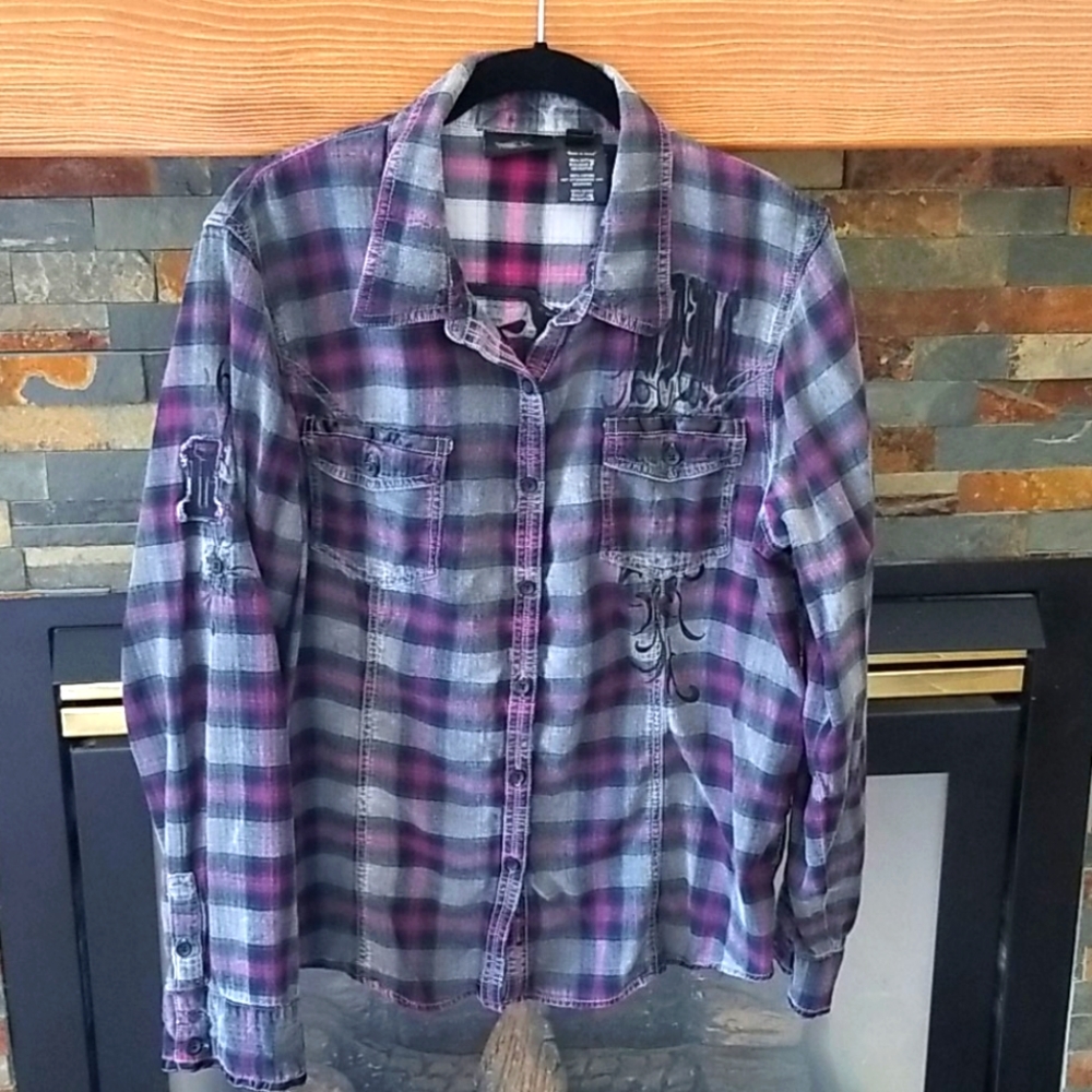Harley purple plaid LS shirt